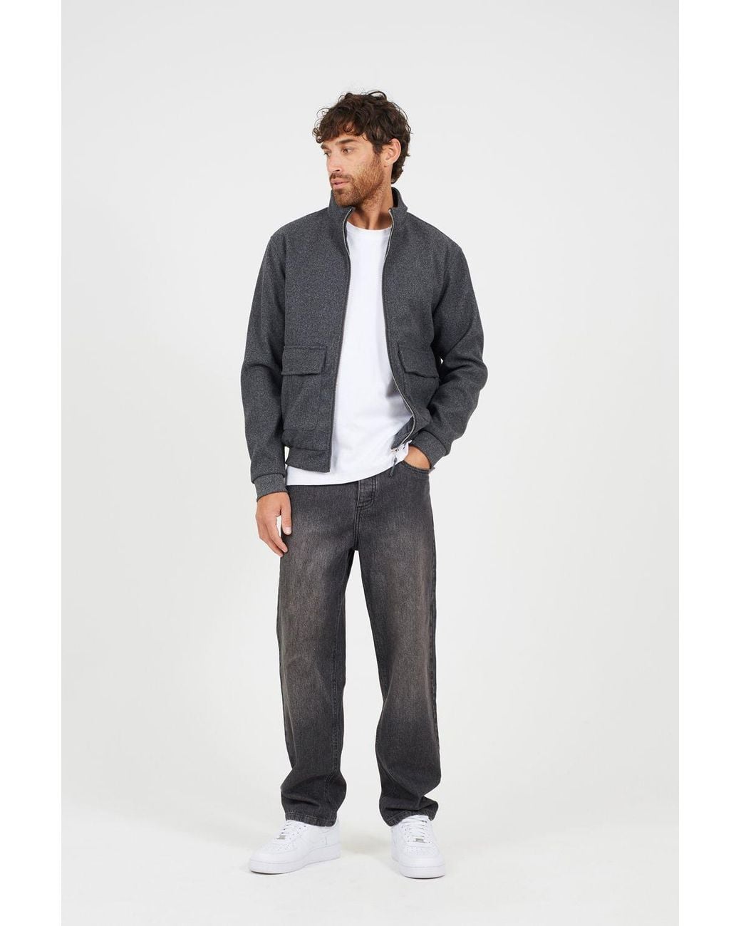 Brave Soul Gray Faux Wool Funnel Neck Bomber Style Jacket for men
