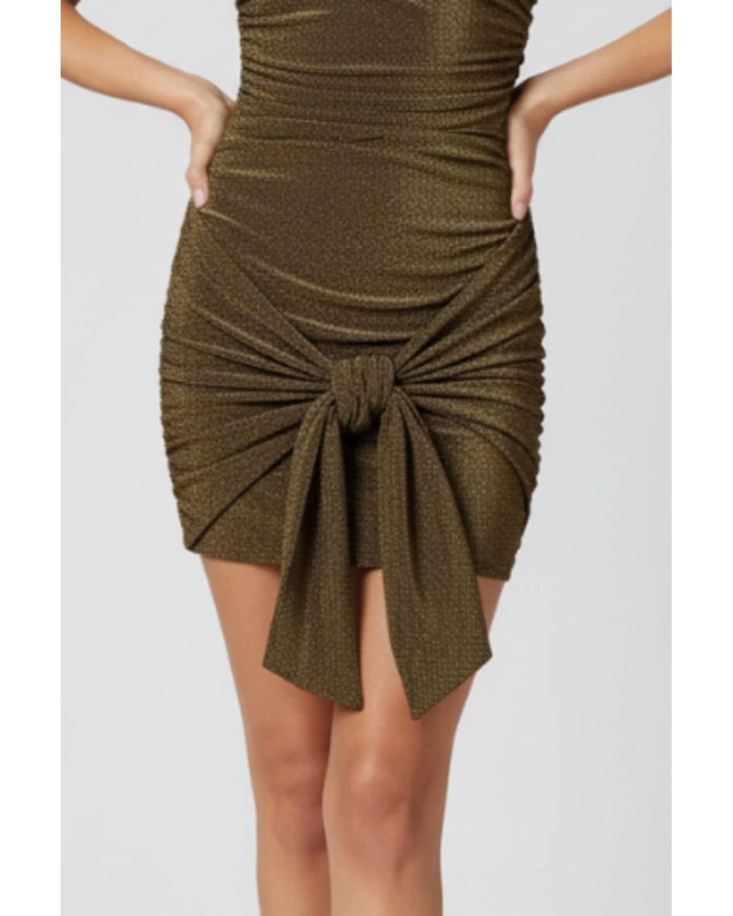 Stylewise Metallic Lurex Asymmetric Off-Shoulder Drape Detail Mini Dress