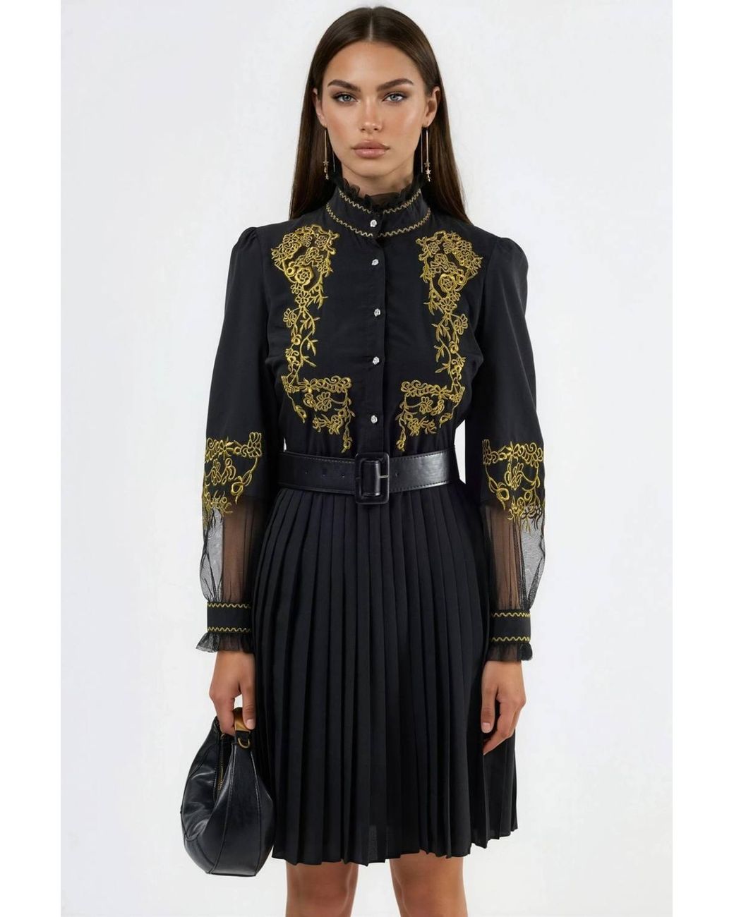 Msn-Collection Black Embroidered Mandarin Collar Mini Dress
