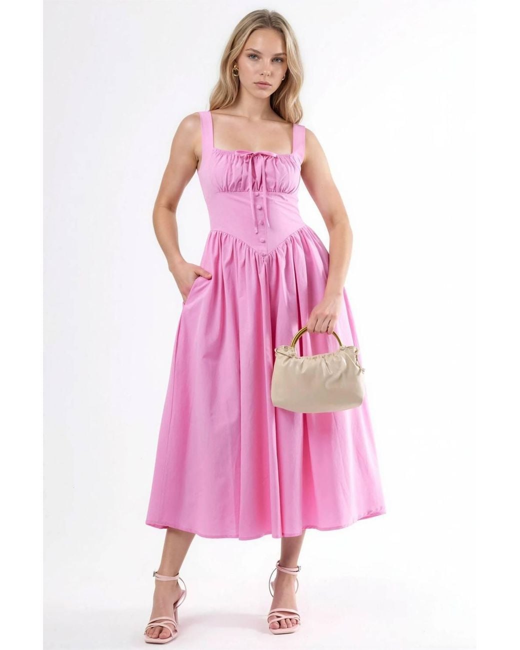 Busem Pink Midi Dress With Square Collar & Button Detail