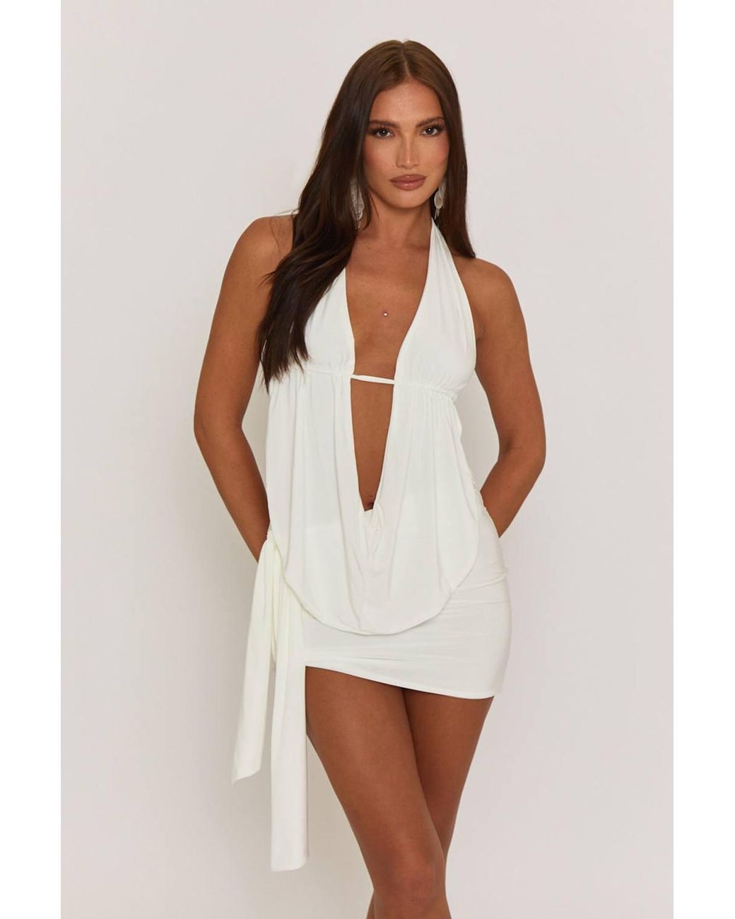 Rebellious Fashion White Lama Plunge Neck Cowl Detail Top & Mini Skirt Co-Ord Set