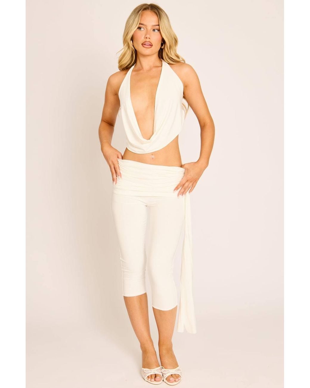 Rebellious Fashion Natural Cowl Halter Crop Top & Draped Capri Pants Co-Ord Set