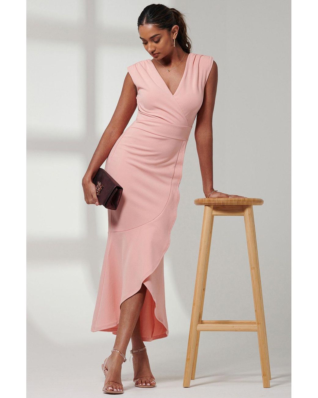 Jolie Moi Pink Mabruka Frill Fishtail Maxi Dress