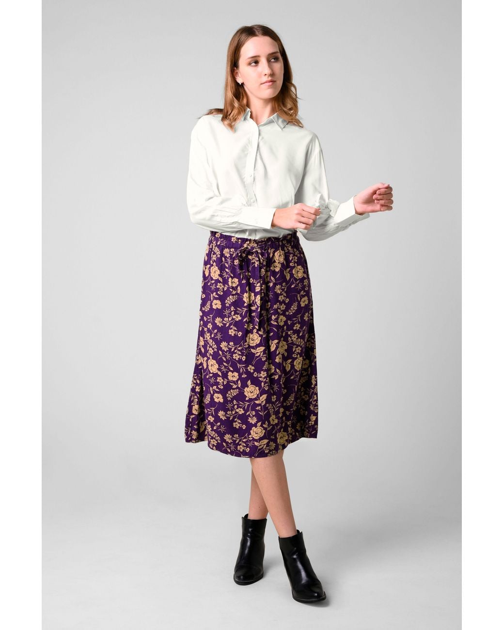 Enorsia Red Summer Flower Linen Midi Skirt
