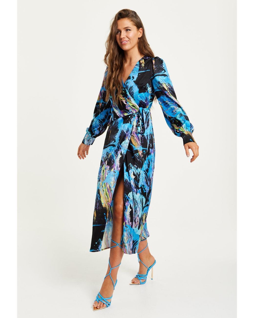 Liquorish Blue Multicolour Abstract Print Midi Wrap Dress With Long Sleeves