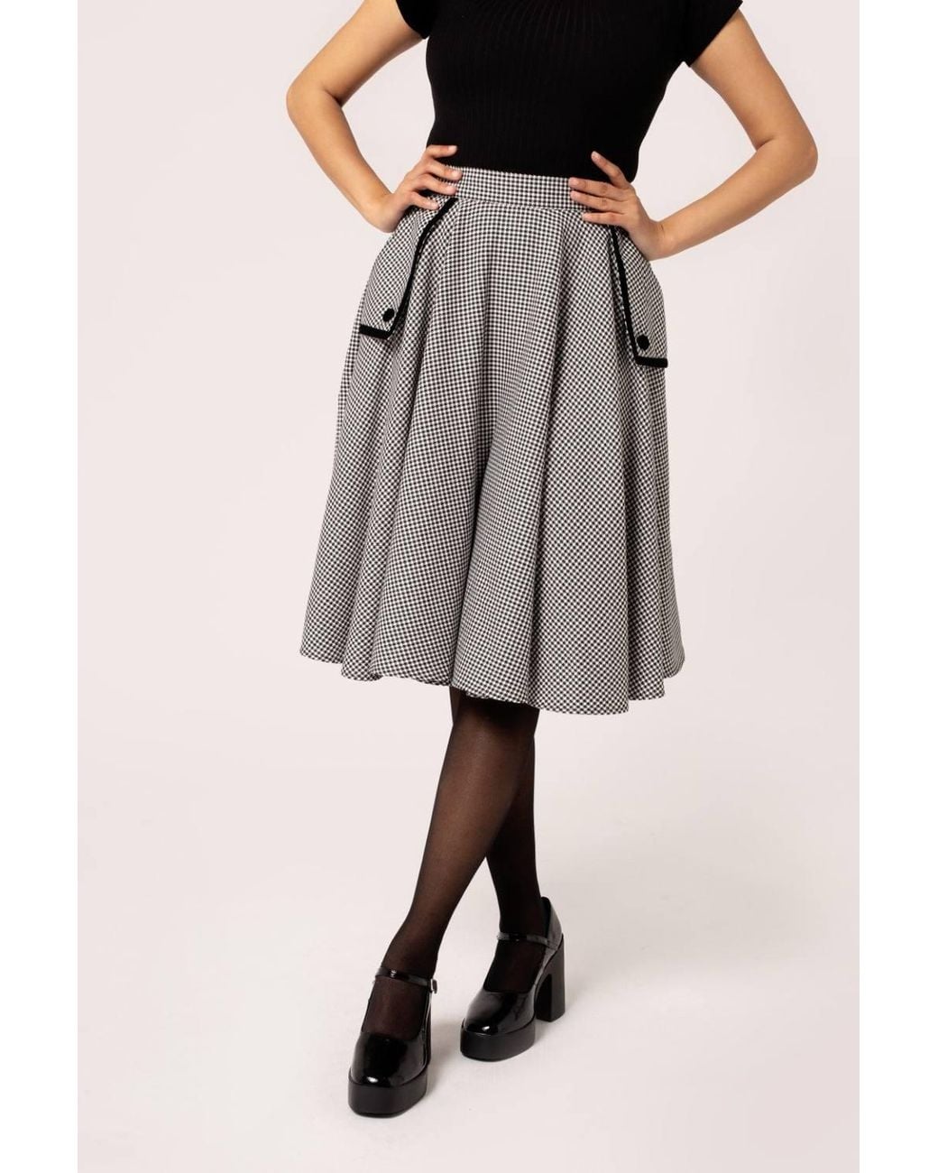 Hell Bunny Gray Teddy Houndstooth Midi Skirt With Velvet Trim Pocket Detail