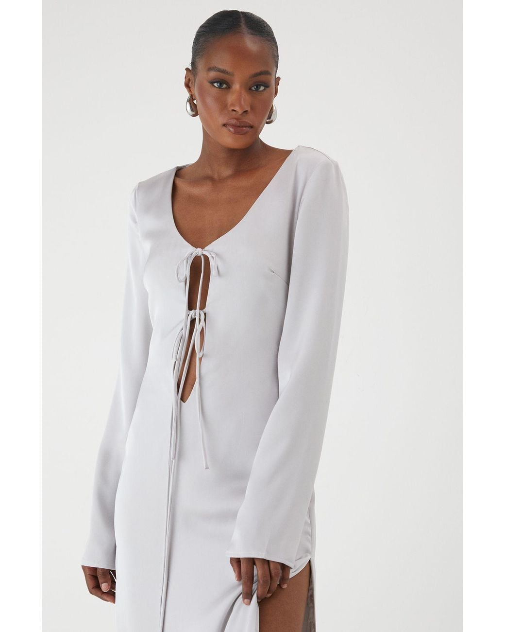 MissPap Metallic Premium Satin Tie Front Long Sleeve Maxi Dress