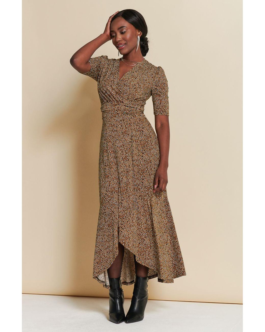 Jolie Moi Natural Print Viscose Frill Hem Maxi Dress