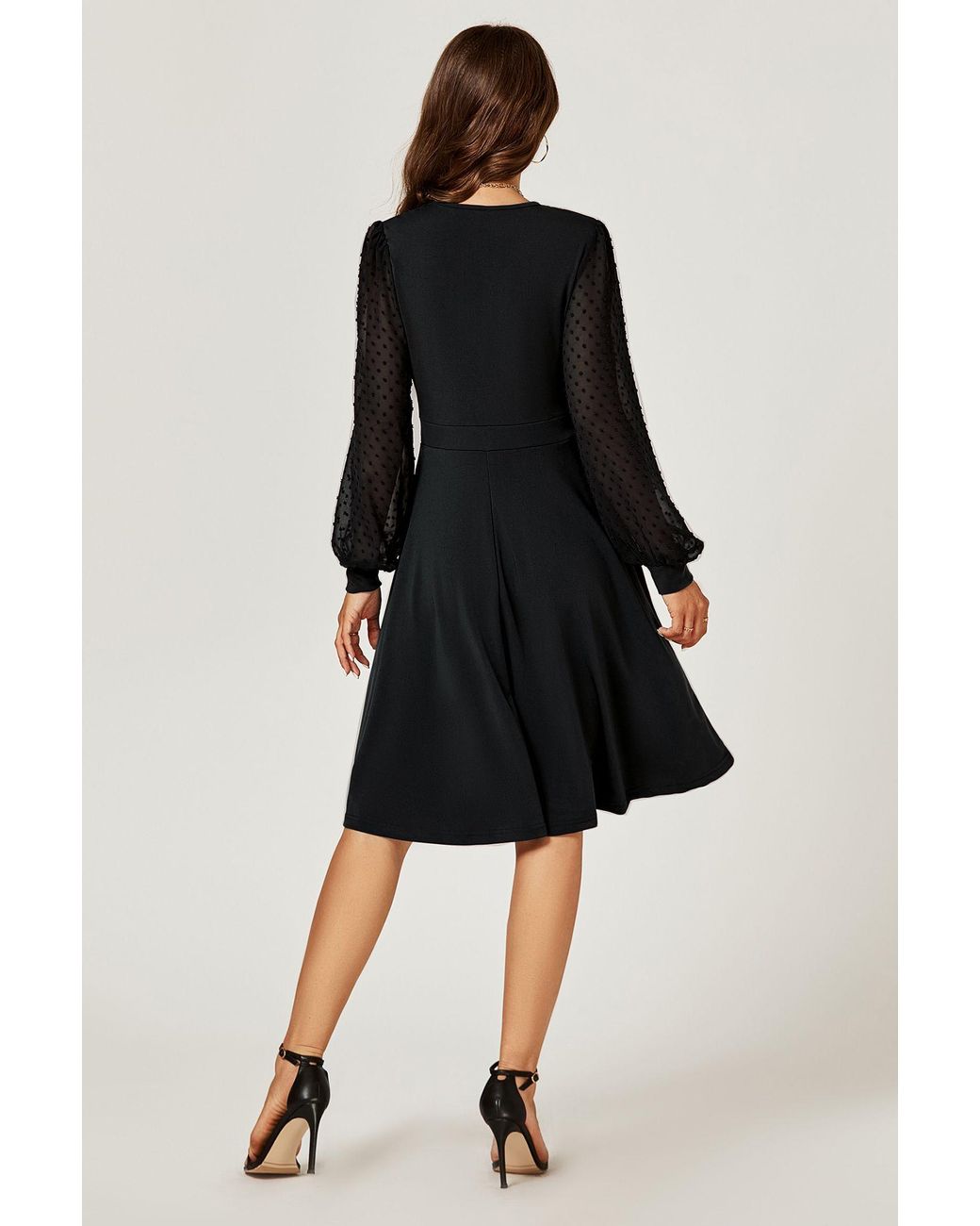 FS Collection Black V Neck Midi Dress With Sheer Long Sleeve