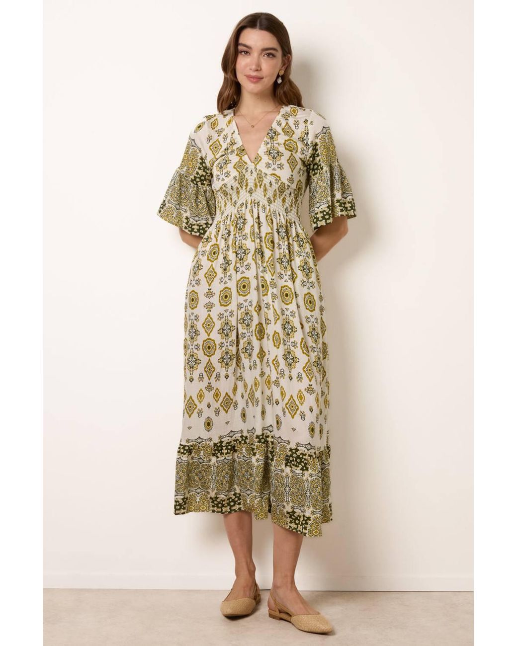 Blue Vanilla Natural V Neck Border Print Maxi Dress