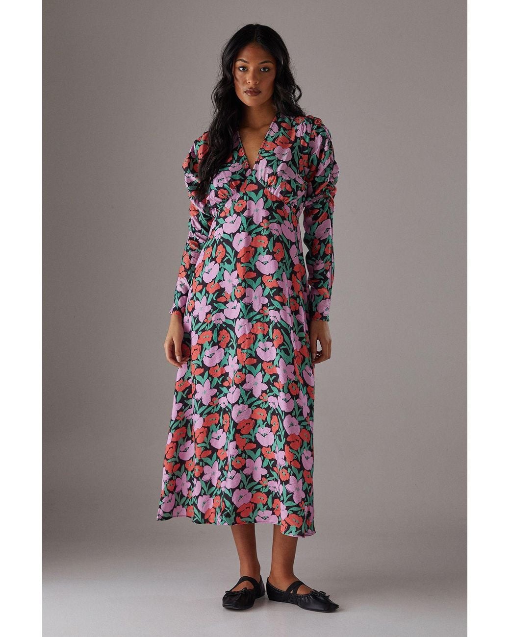 Warehouse Multicolor Viscose V Neck Long Puff Sleeve Midi Dress
