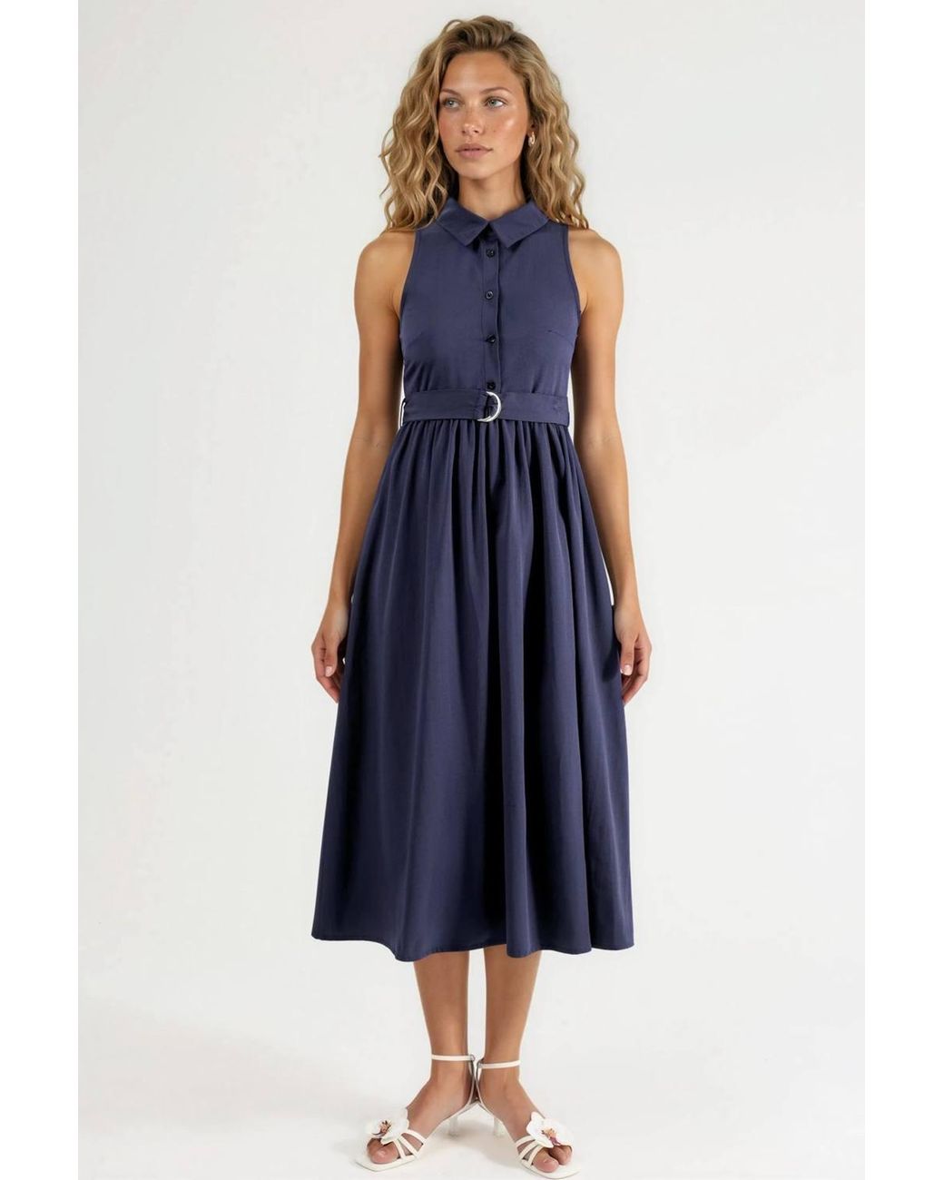 Busem Blue Belted Shirt Collar Midi Dress