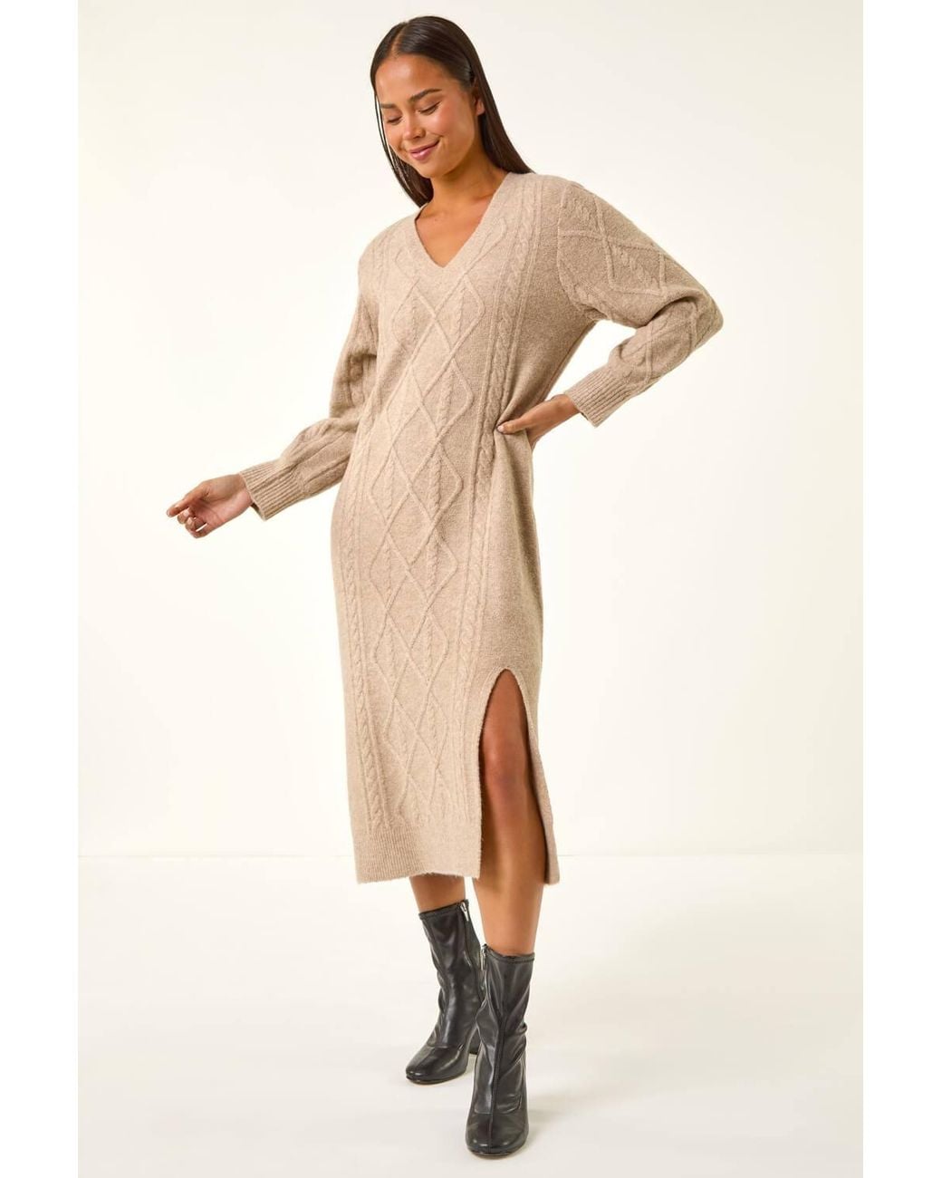 Roman Natural Petite V-Neck Knit Midi Dress