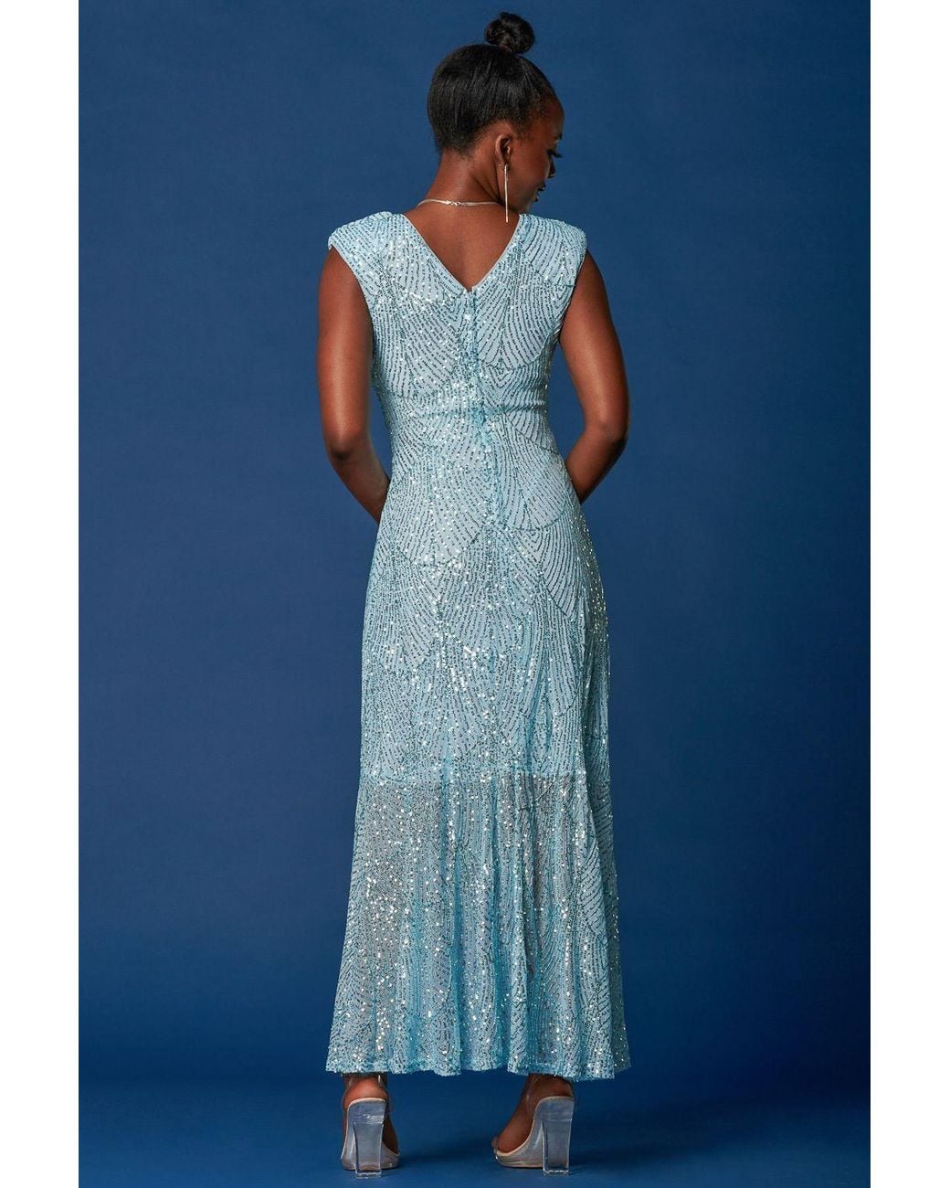Jolie Moi Blue Sequin High Low Hem Maxi Dress