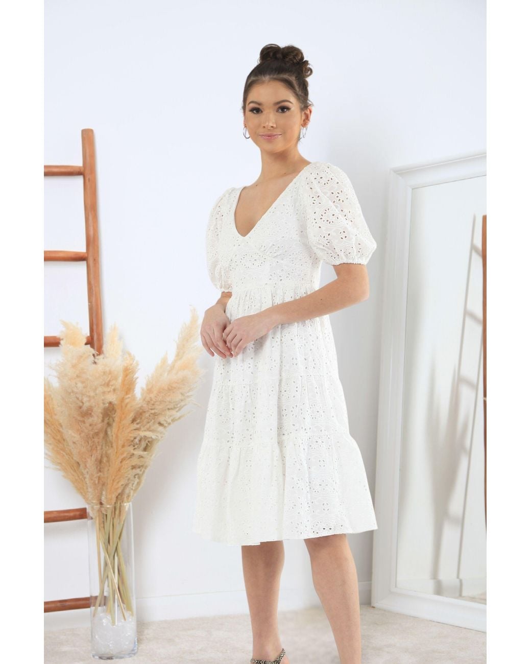 Double Second White Tiered Broderie Dress