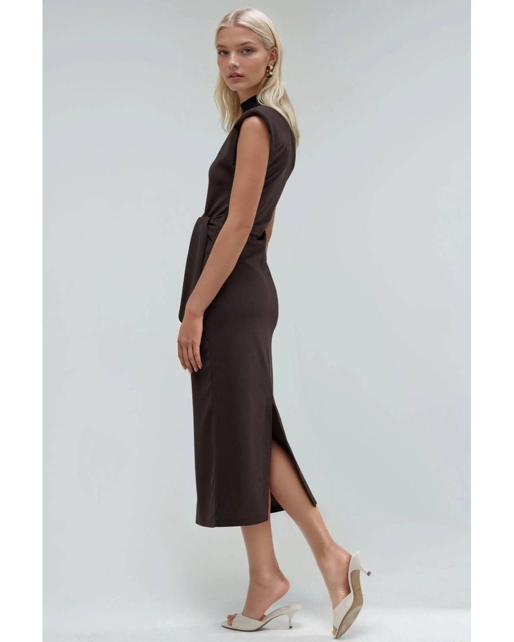 Busem Brown Sleeveless Fitted Midi Dress With Tie Detail