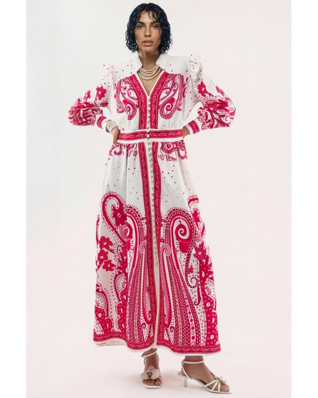 Msn-Collection Pink V-Neck Paisley Maxi Dress With Slit