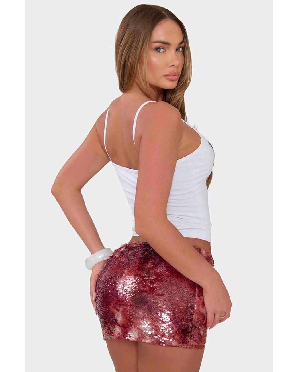 EGO White Sequin Textured Low Rise Mini Skirt