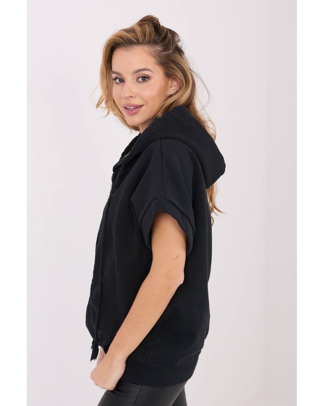 Love Lace Black Cotton Zip Up Hooded Sweatshirt With Elastane