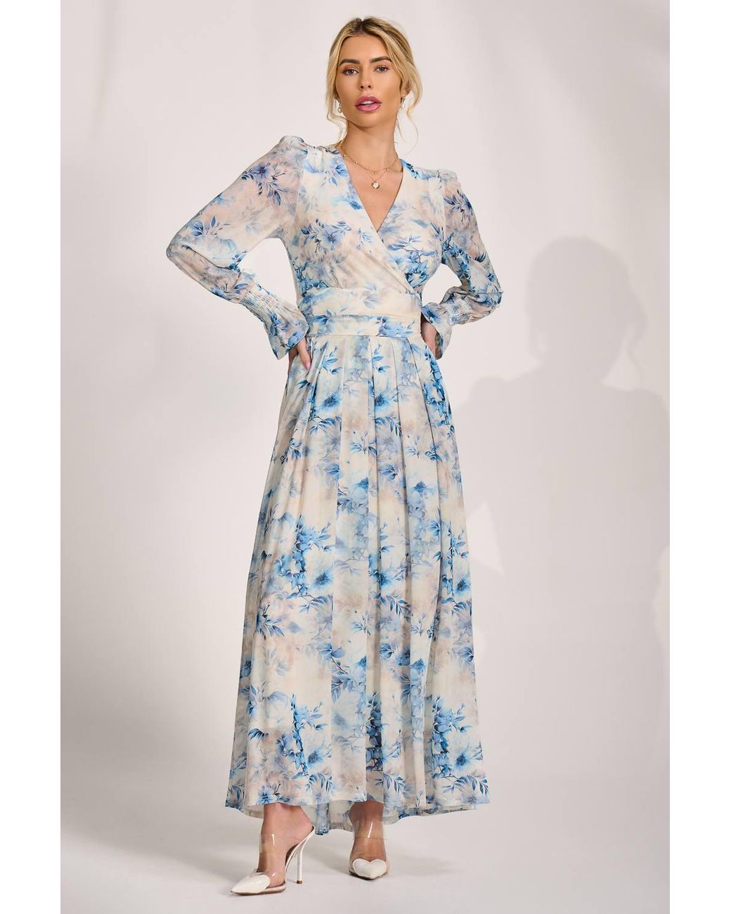 Jolie Moi Blue Long Sleeve V Neck Mesh Maxi Dress