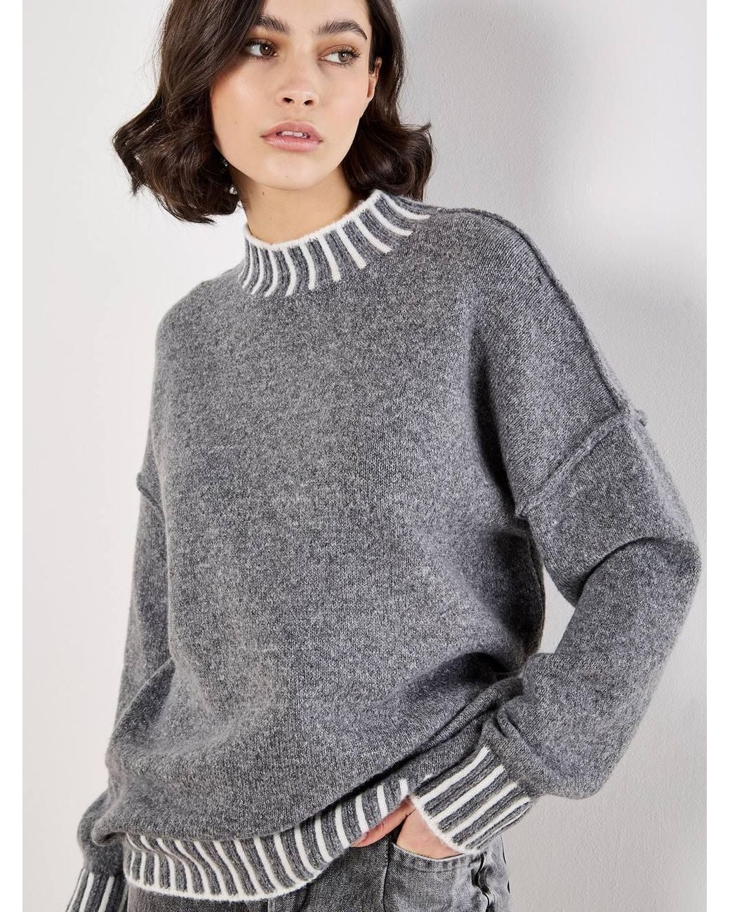 Apricot Gray Stripe Trim Mock Neck Oversized Jumper