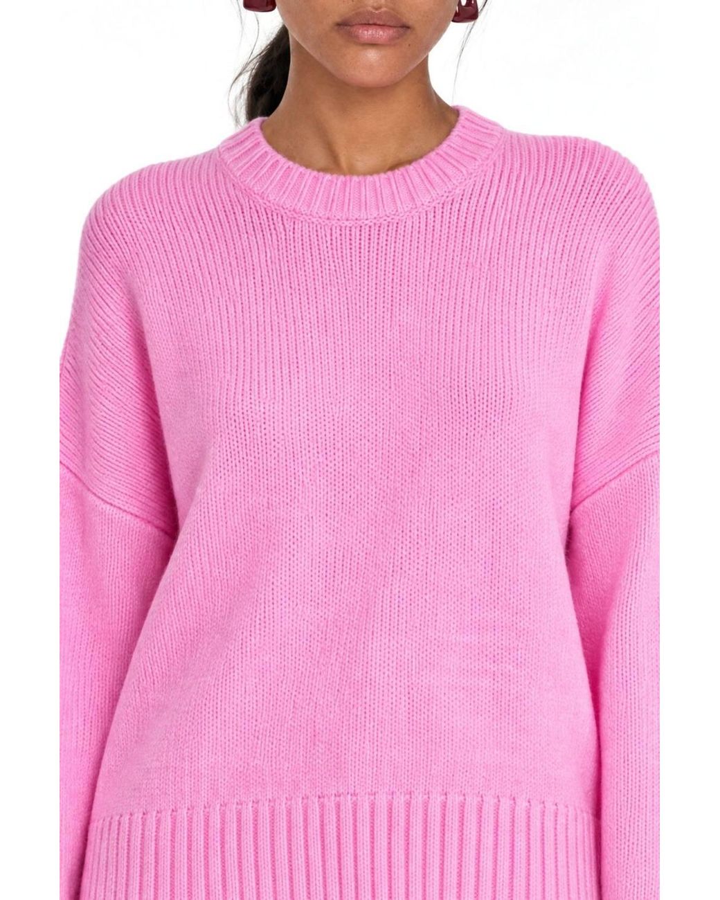MixRay Pink Oversized Ribbed Knit Sweater With Crew Neck