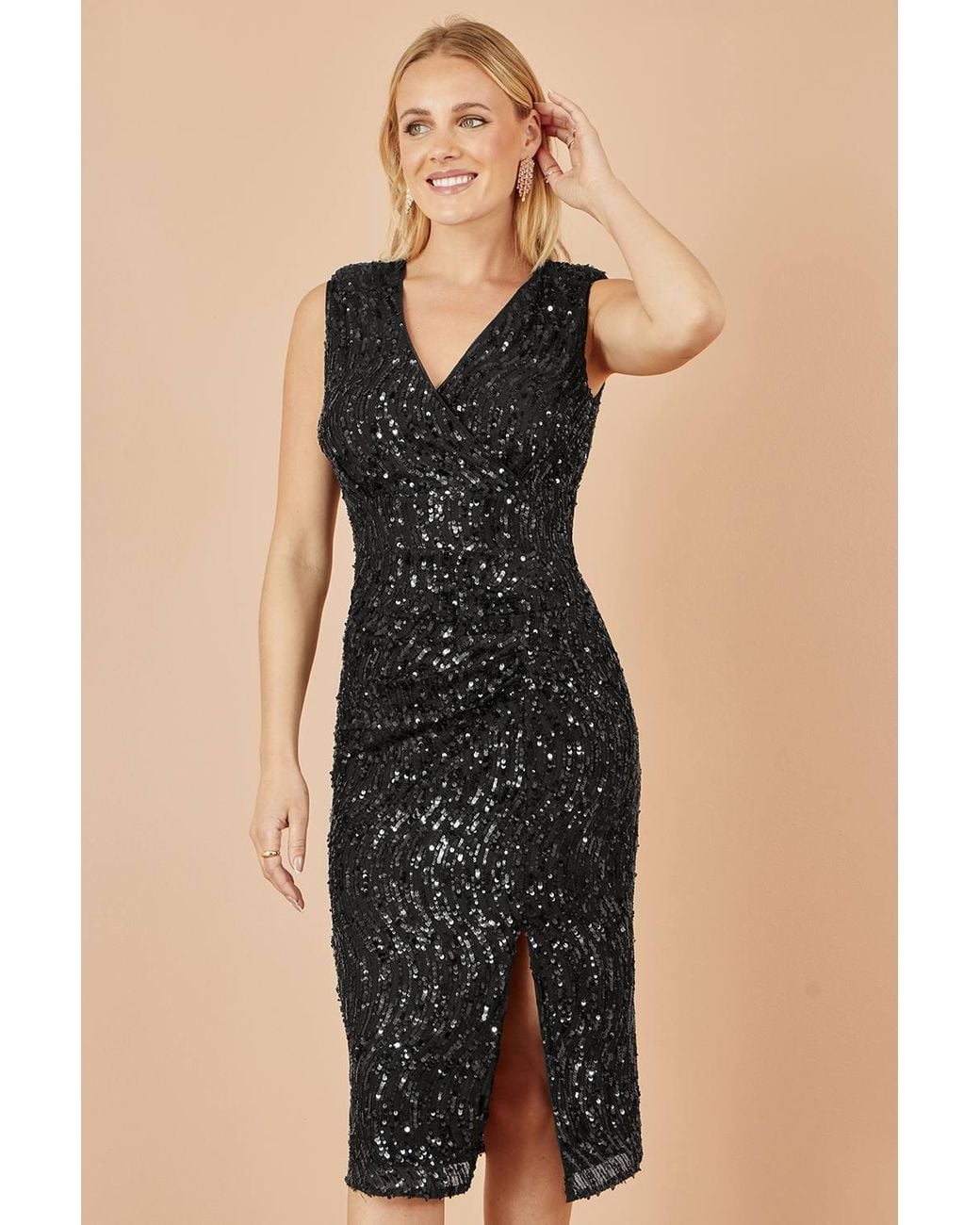 Yumi' Black Sequin Fitted Wrap Dress With Split Hem
