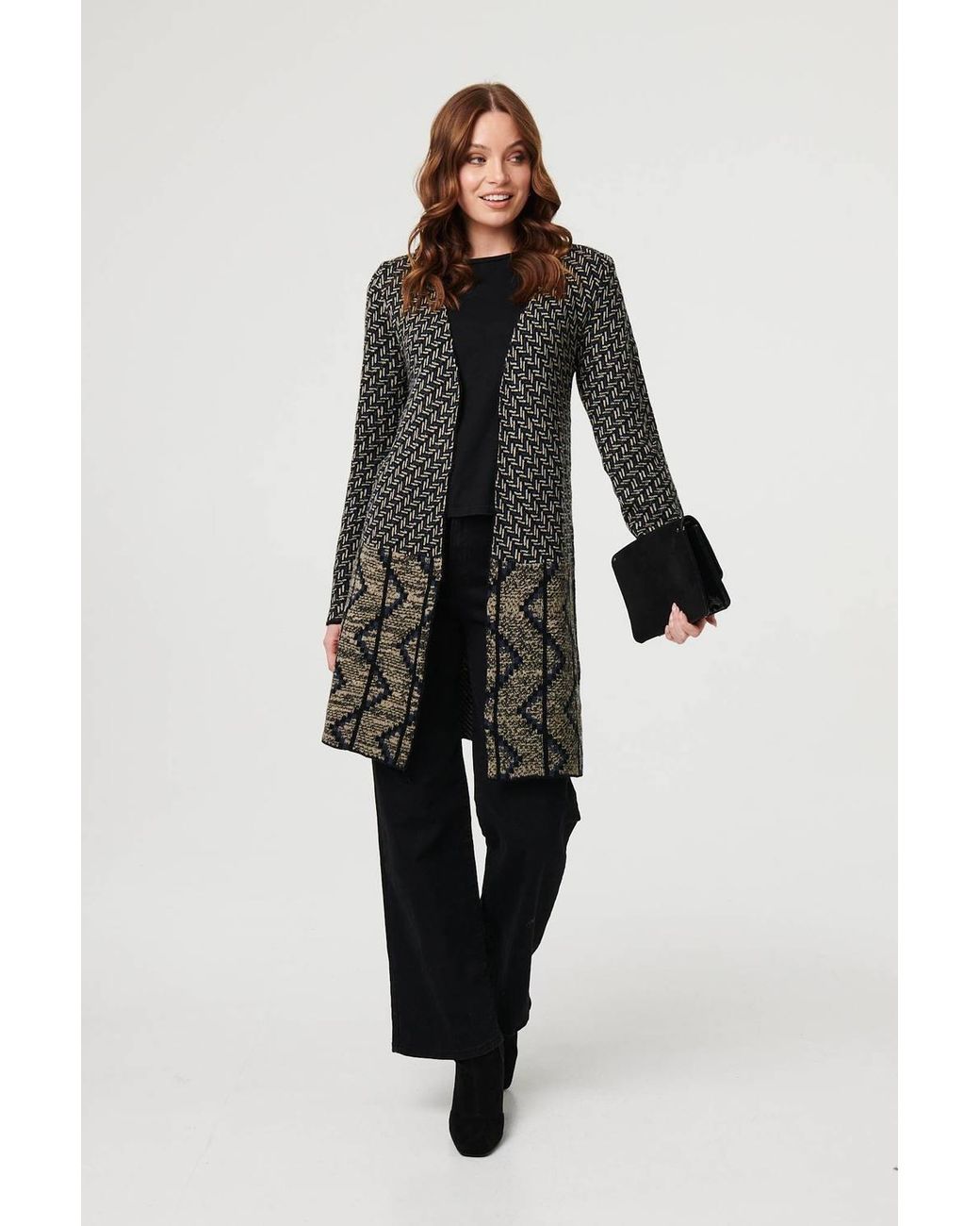 Izabel London Black Geo Print Longline Open Front Jacket