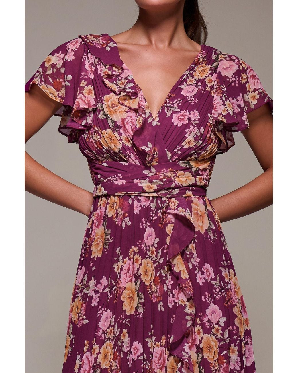 Jolie Moi Pink Printed Ruffle Detail Pleated Chiffon Midi Dress