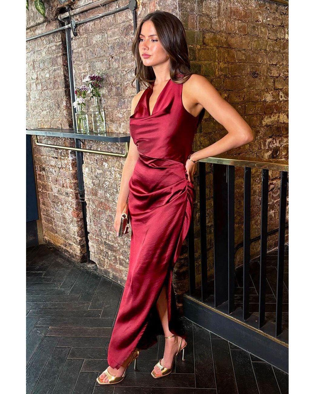 AX Paris Red Satin Cowl Neck Cross Back Midi Dress