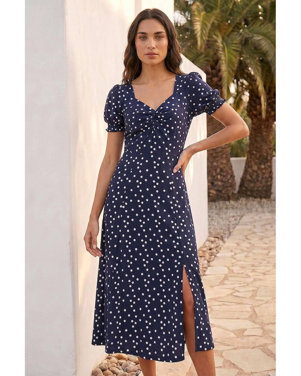 Roman Blue Spotted Sweetheart Stretch Midi Dress