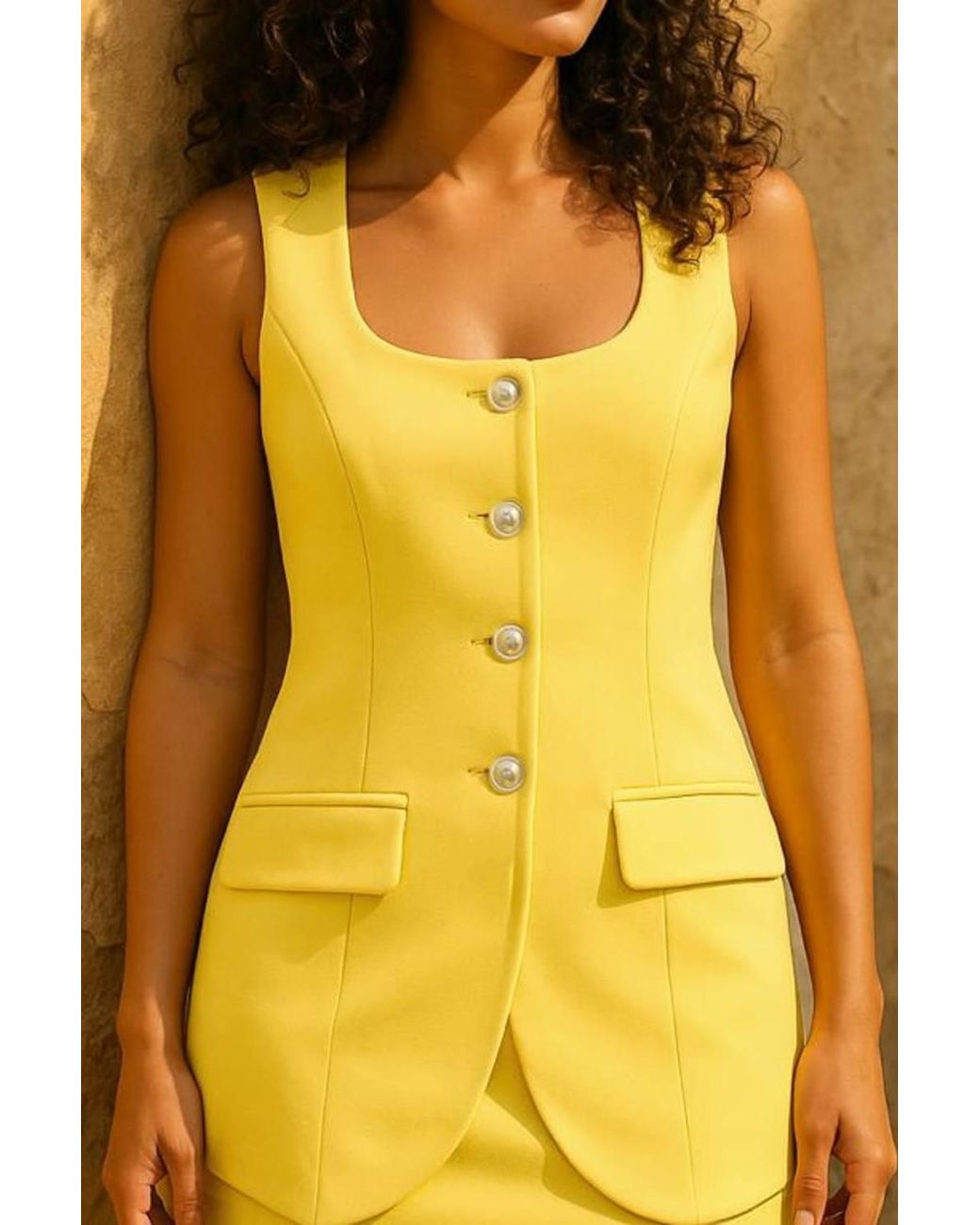 Stylewise Yellow Longline Button-Through Waistcoat & Mini Skirt Co-Ord