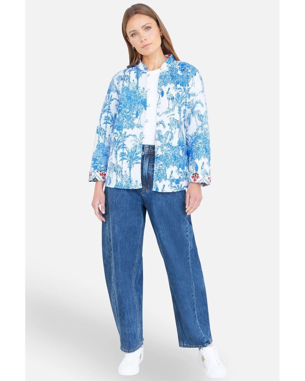 Yumi' Blue Palm Reversible Cotton Quilted Jacket