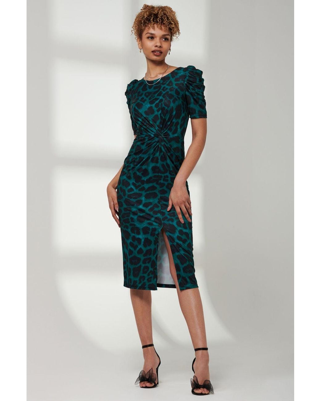Jolie Moi Green Arica Jersey Puff Sleeve Bodycon Midi Dress