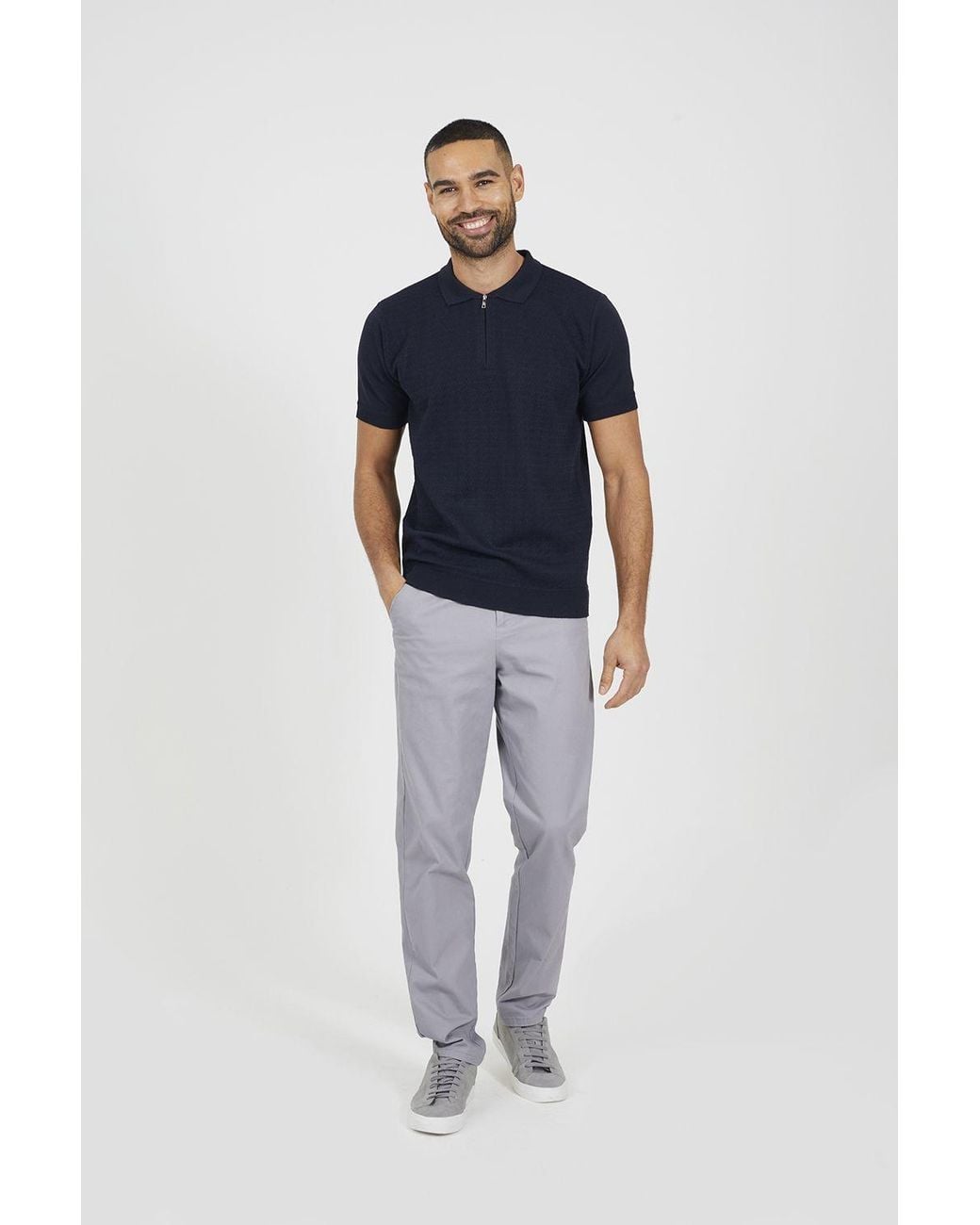 Brave Soul Blue Textured Zip Neck Knitted Polo for men