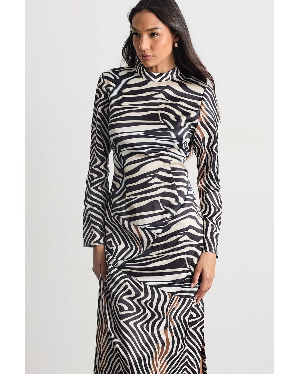 Warehouse Gray Zebra Printed Satin Panelled Maxi Dress