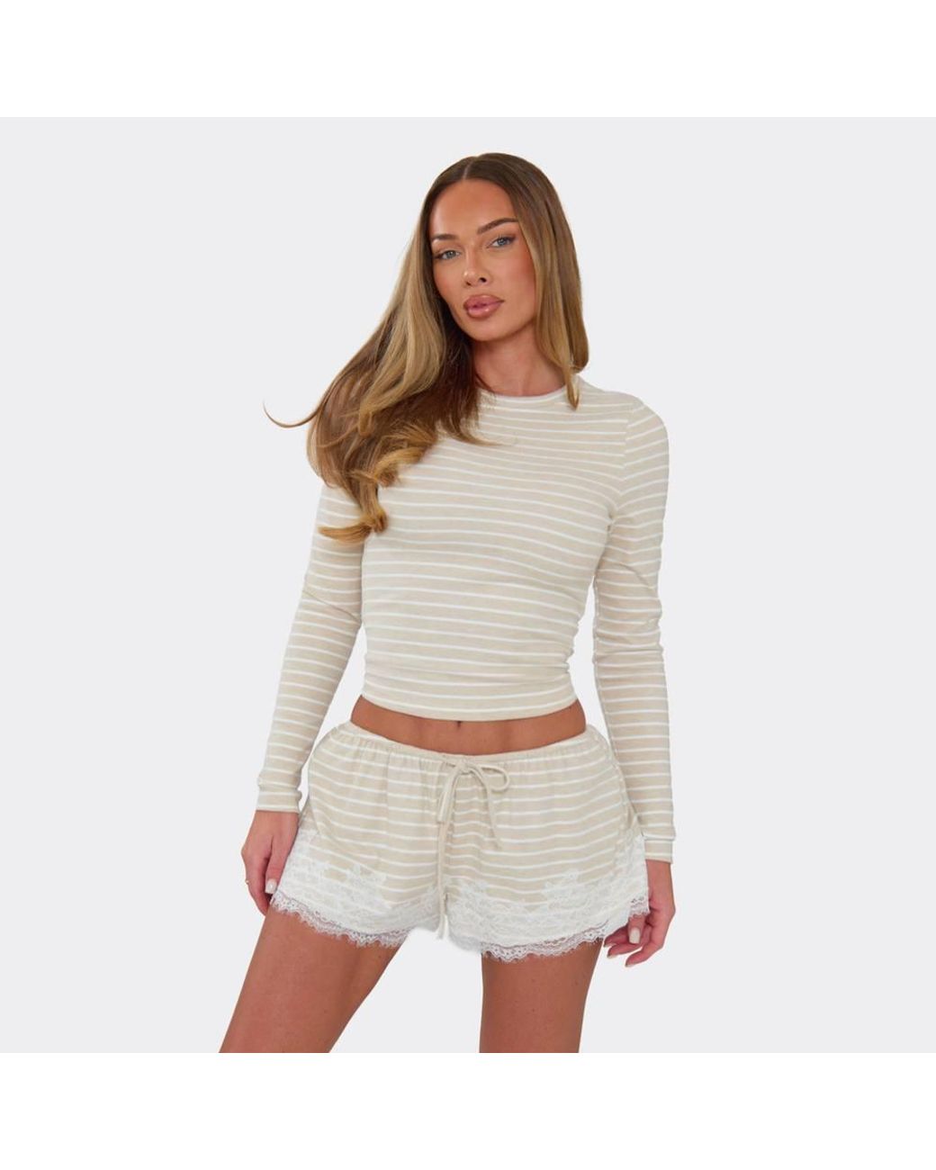 EGO White Fitted Long Sleeve High Neck Striped Top