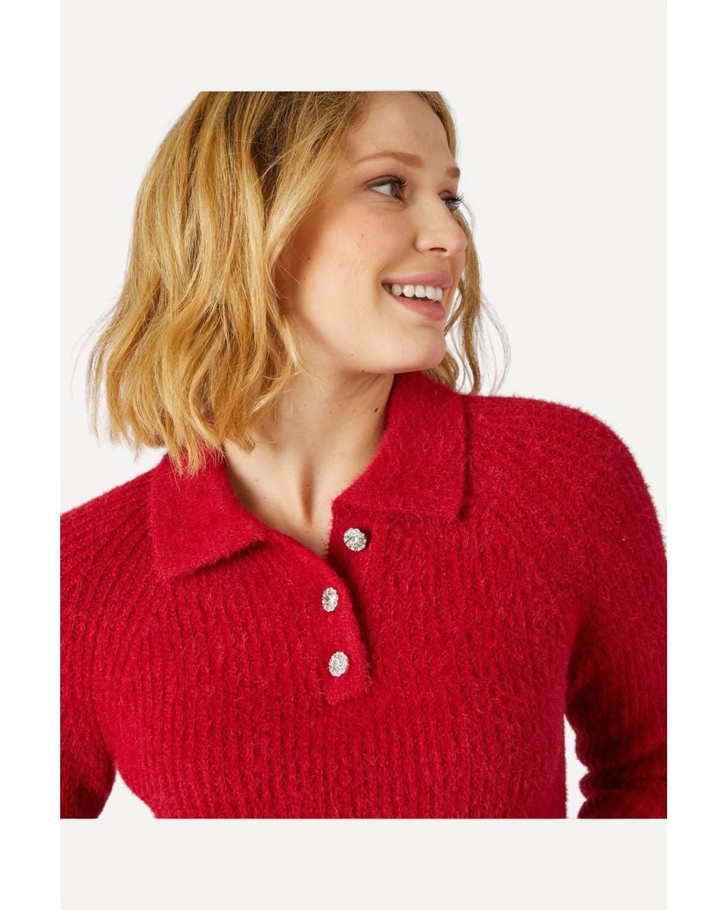 DAMART Red Cosy Soft-Knit Long Sleeved Polo Collar Jumper With Jewelled Buttons