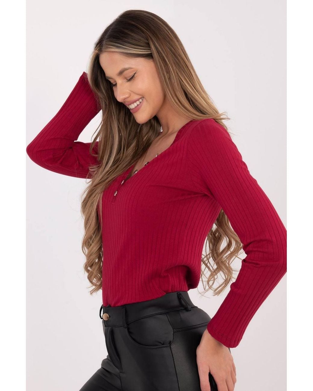 Love Lace Red Cotton Elastane Ribbed V Neck Button Blouse