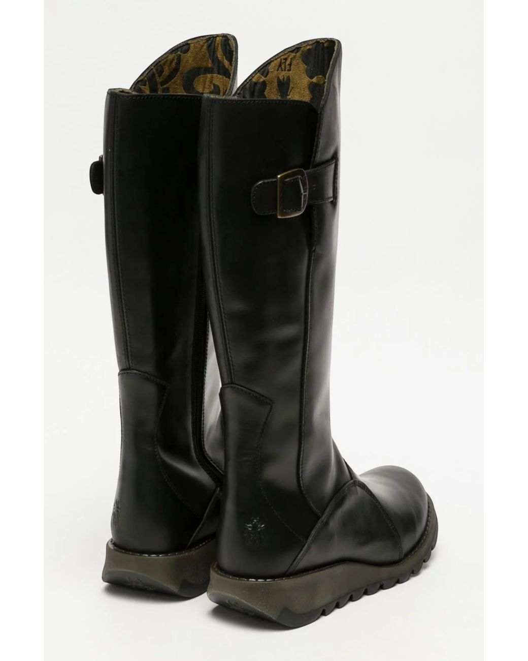 Infinity Leather Black Fly London Mol 2 Leather Wedge Heel Knee High Zip-Up Boots
