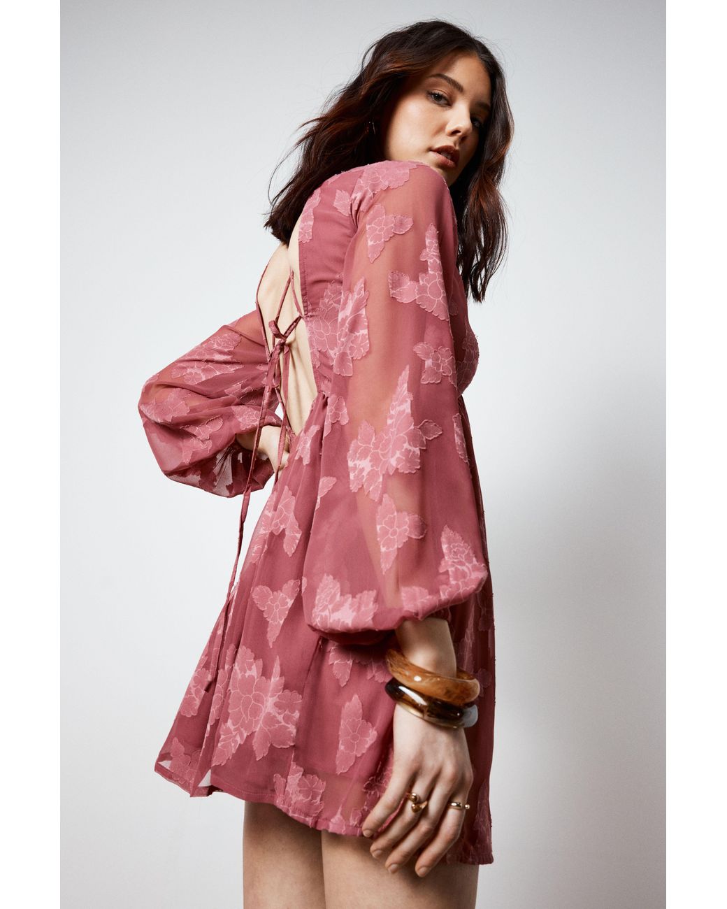 Nasty Gal Red Jacquard Plunge Balloon Sleeve Tie Back Mini Tunic Dress