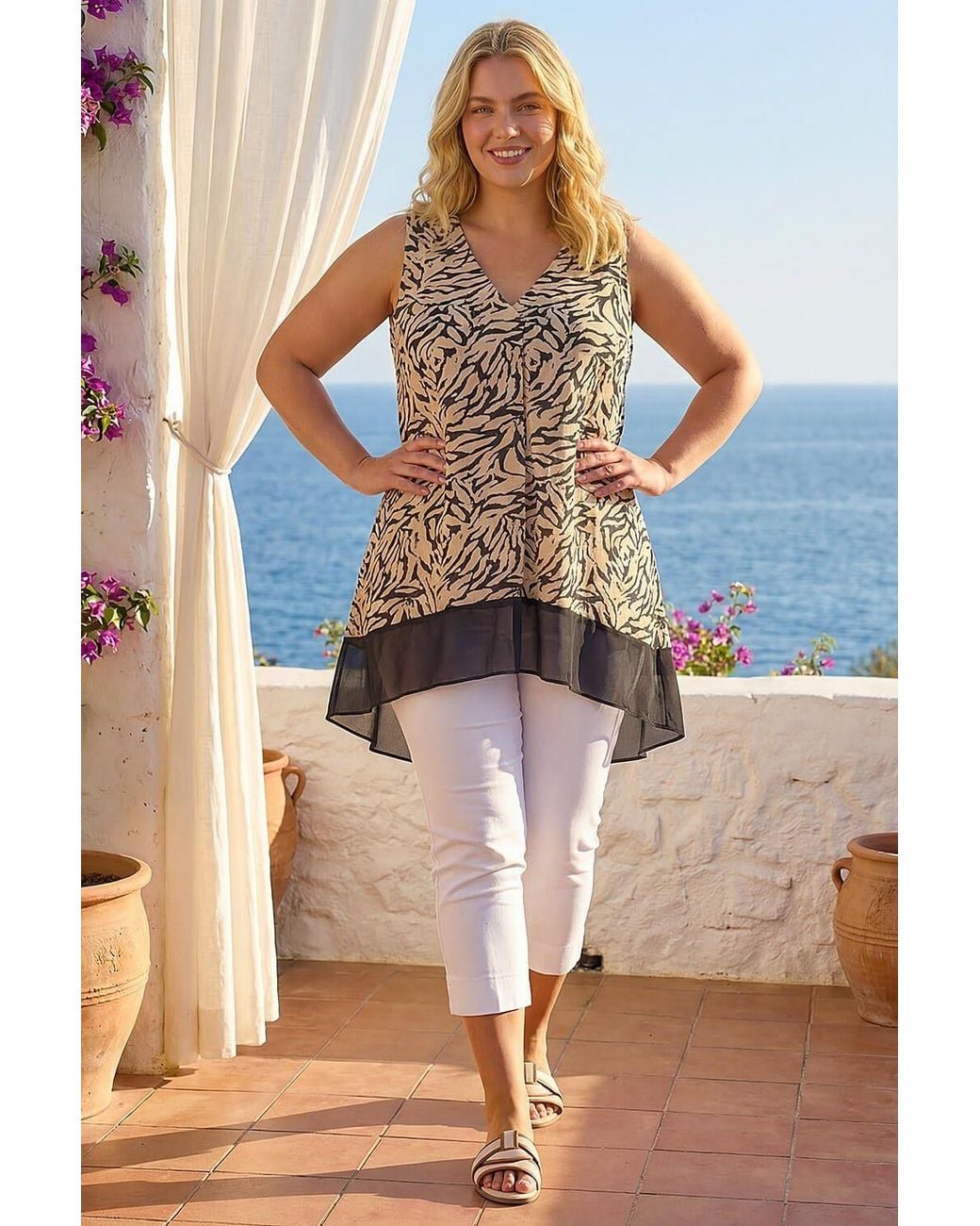 Roman Brown Curve Animal Print Chiffon Hem Vest Top