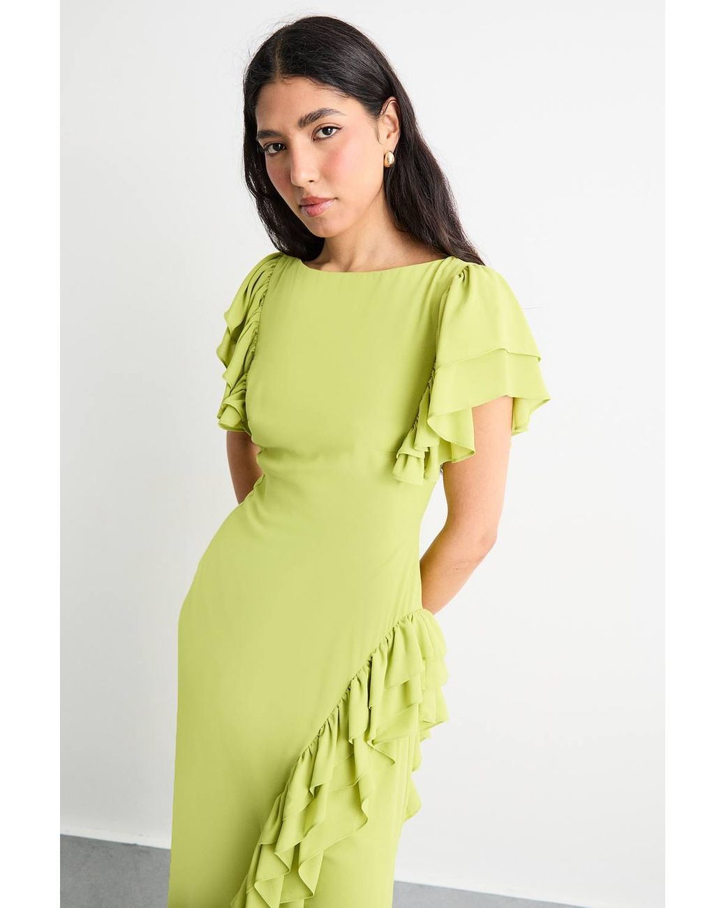 Warehouse Yellow Side Split Ruffle Detail Maxi Dress