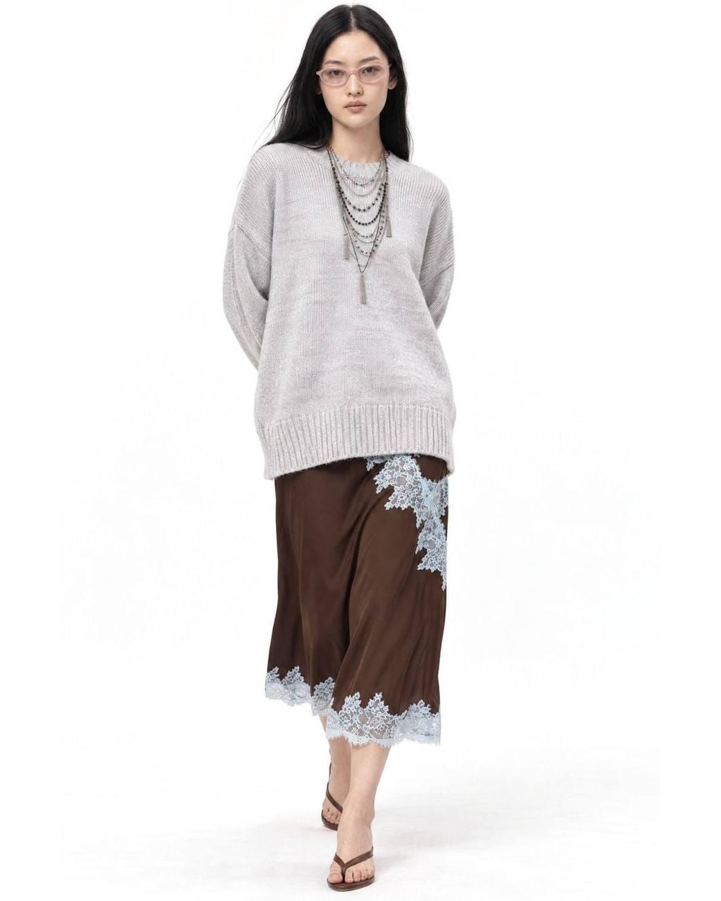 MixRay Gray Oversized Ribbed Knit Sweater With Crew Neck