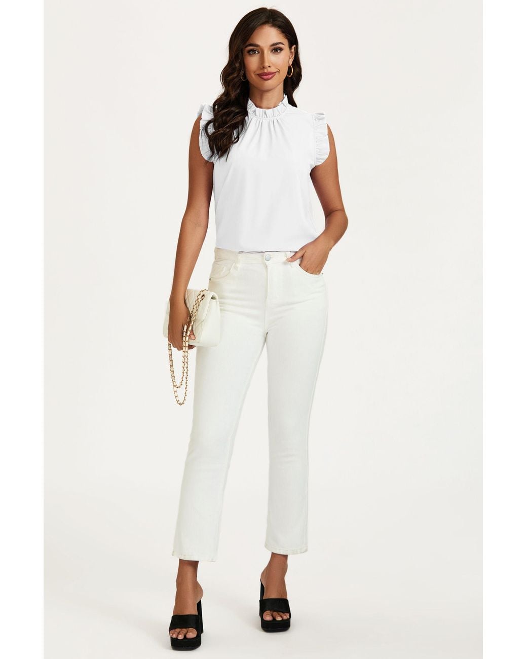 FS Collection White Frill Trim Sleeve Frill Neck Blouse Top