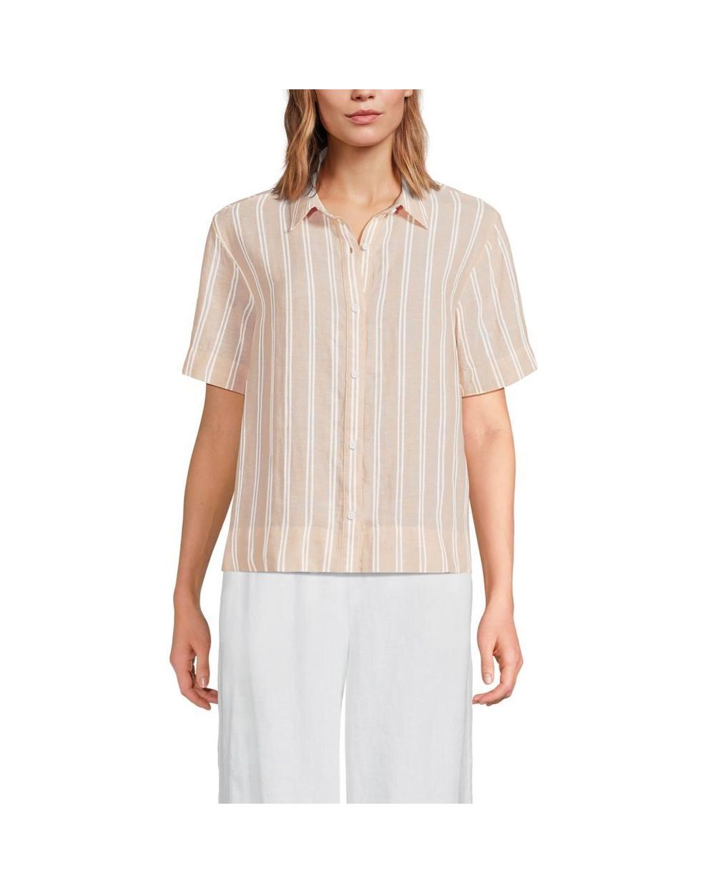 Lands' End Natural Petite Premium Pure Linen Short Sleeve Shirt