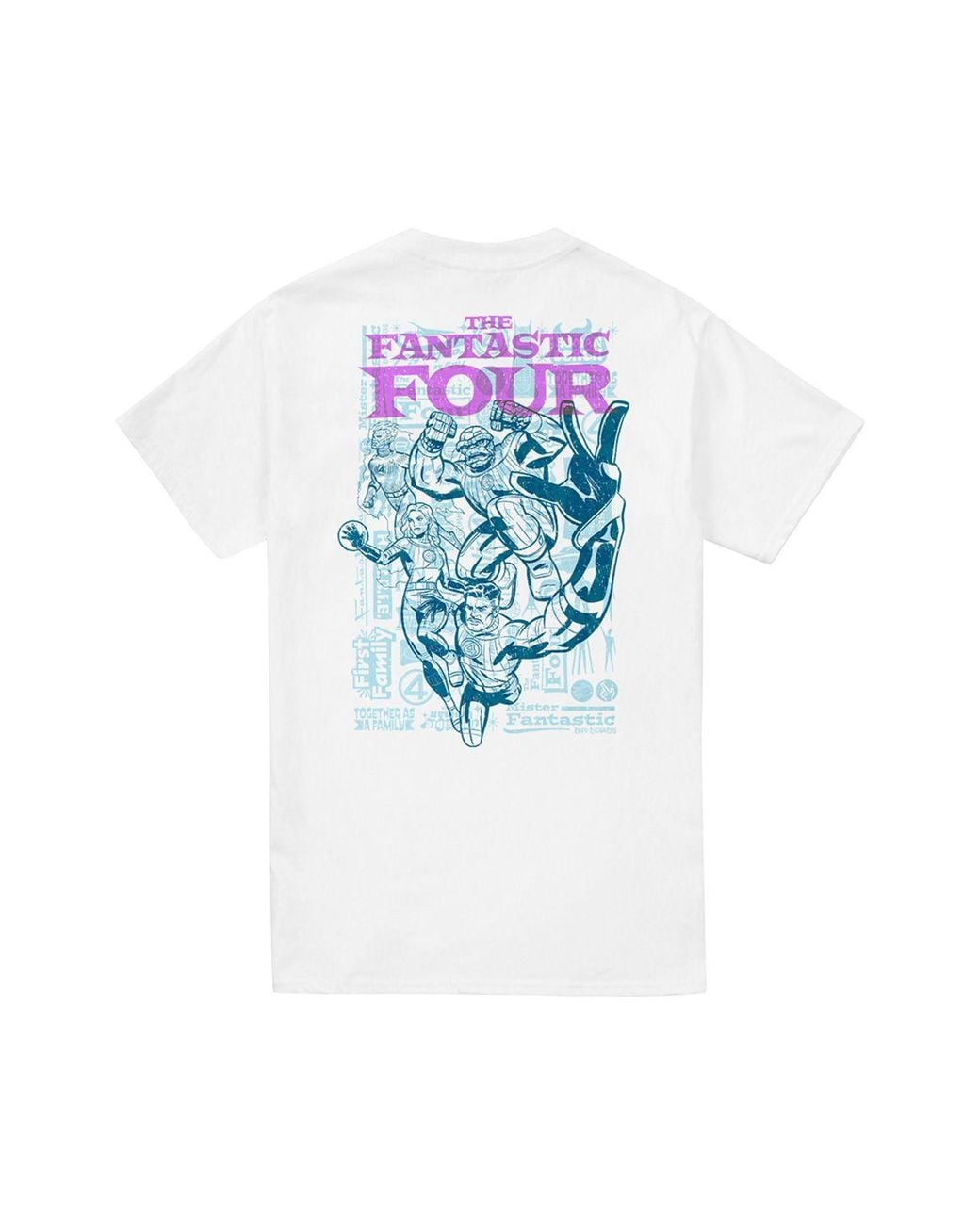 Marvel White Fantastic Four Lineart Heroic First Family (Back Print) T-Shirt