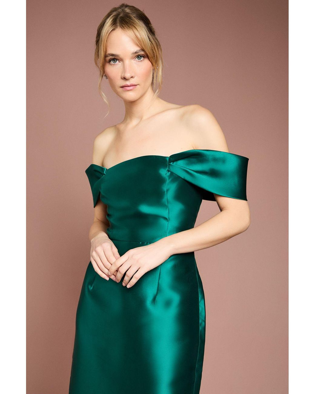 Coast Green Honoured Twill Bardot Column Midi Bridesmaid Dress