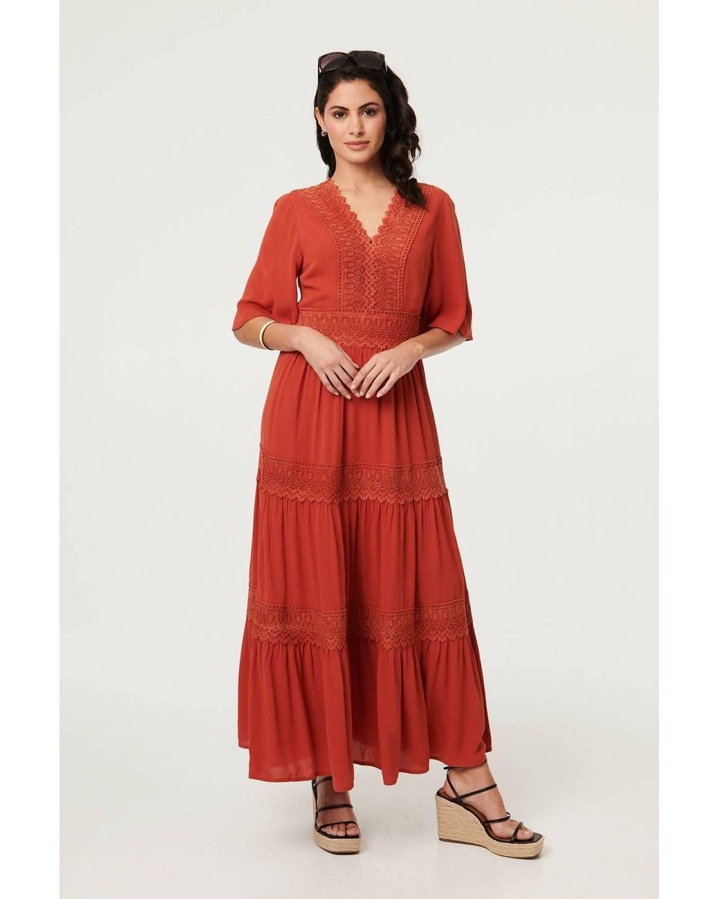 Izabel London Lace Trim Tiered 1/2 Sleeve Maxi Dress