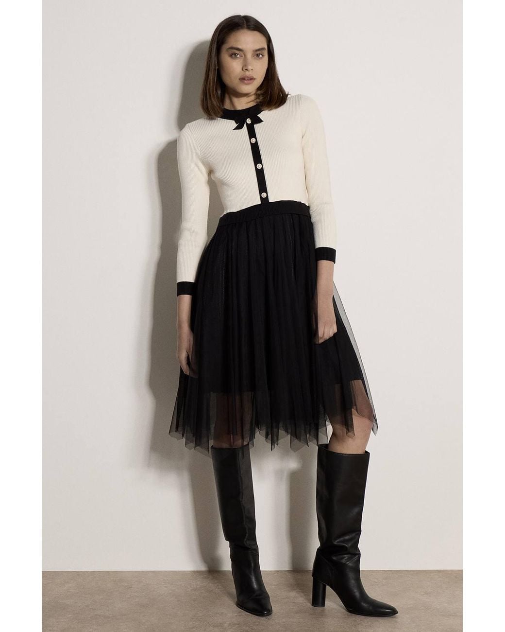 Apricot Black Tulle Skirt Knit Mini Dress